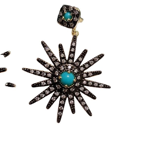 14k Yellow Gold Plated Turquoise Swarovski Crystal Starburst Dangle Earrings - Picture 5 of 8